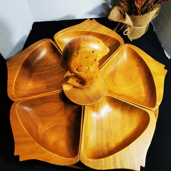 Vintage Wooden Lazy Susan Carved Fish Serving Tray Monkeypod - Picture 5 of 17